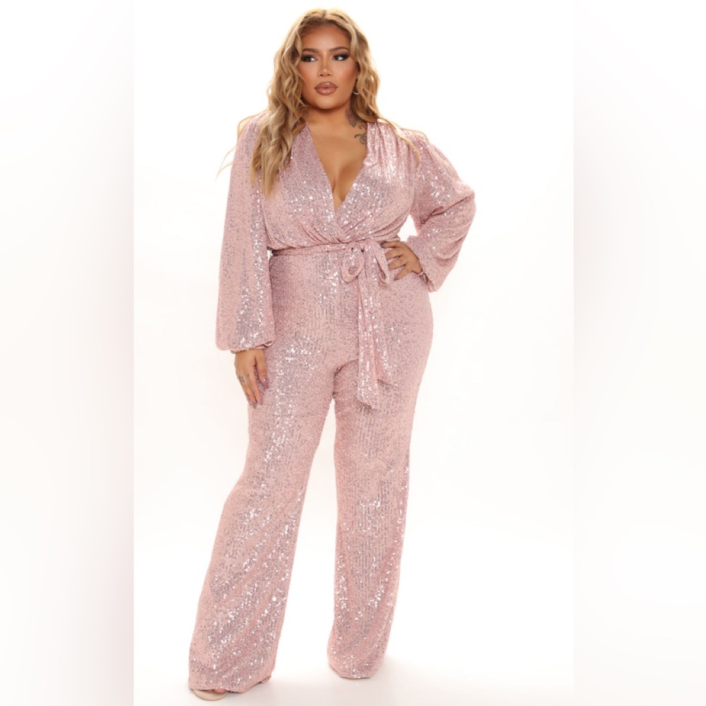 Fashion Nova Pink Sequin Wrap Jumpsuit